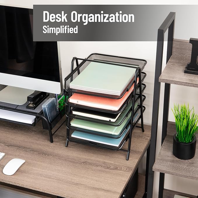 Mind Reader 5-Tier Paper Tray Organizer, Vertical Desktop File Storage Rack, Office, Metal Mesh, Black