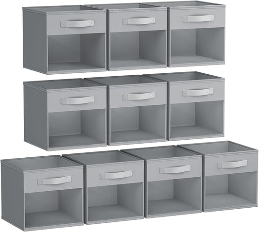 DIMJ Storage Cubes, Cube Storage Bin, 10 Pack Foldable Storage Cubes with Window, Closet Storage Bins with Handle, 11x 11 inch Storage Box for Clothes, Toys, Books (Grey)