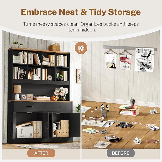Storage Cabinet with Doors and Drawers, Pantry Cabinets, 5 Tier Floor Standing Bookshelves, Bookshelf and Bookcase, 8 Open Storage Shelves and Printer Stand for Study, Living Room, Office