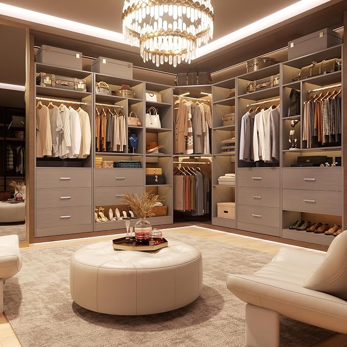 Besiost Corner Closet System with 12 Shelves, 39.2" Corner Organizer | L Shaped Closet with 2 Hanging Rods, Versatile 6-Tier Walk-in Closets for Corner Space, Grey (39.2" L x 39.2" W x 80" H)