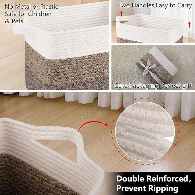 OIAHOMY Woven Storage Basket, Cotton Rope Baskets for Toys,Towel, Clothes, Used to Bathroom,Living Room,Nursery,Bedroom, 16"x12"x10"- Pack of 3, Gradient Dark Brown