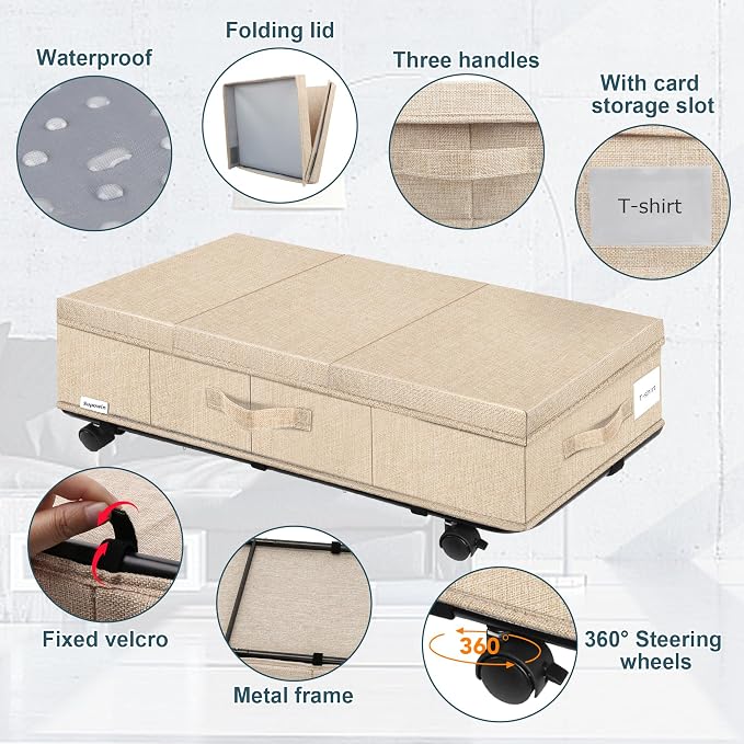 Supowin Under Bed Storage with Wheels, 2Pack Rolling Underbed Storage | 7.3 Inches Tall Under the Bed Container with Lids, Reinforced Handle, Reinforced Metal Bottom Support, 360° Rotating Wheels