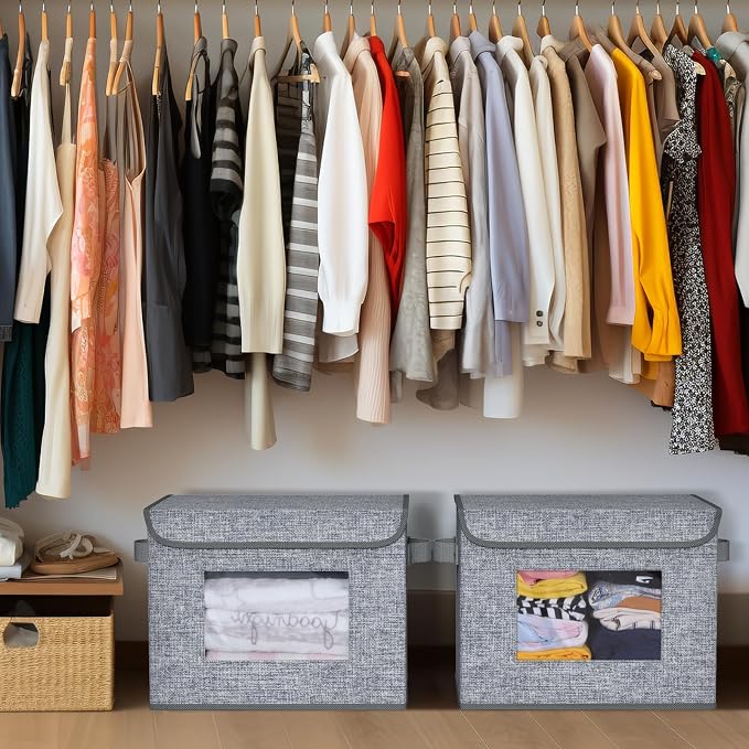 Univivi Fabric Foldable Storage Boxes [4-Pack] Large Collapsible Stackable Storage Bins with Lids, Closet Organizers and Storage Cube Basket for Home, Office, Bedroom (Grey, 17'' x 12'' x 12") | 17 x 12 x 12 In Foldable Storage Boxes with Handles, Clea...