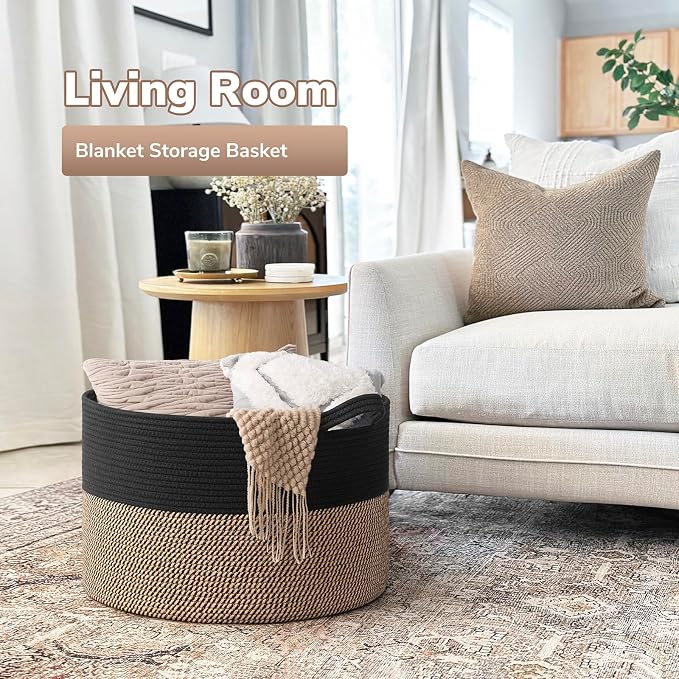 Goodpick 65L Large Storage Basket, Cotton Rope Toy Storage for Kids 65L | 19.7 x 19.7 x 12.6 In Woven Basket for Storage, Kids Toy Storage for Playroom, Laundry Basket for Towels, Black & Mix Jute