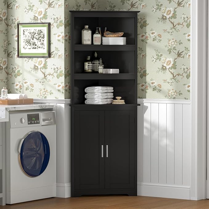 Corner Cabinet, Tall Corner Hutch with 5 Shelves & 2 Doors, Bathroom Cabinet with Adjustable Shelf, for Living Room, Kitchen, Bathroom, Black