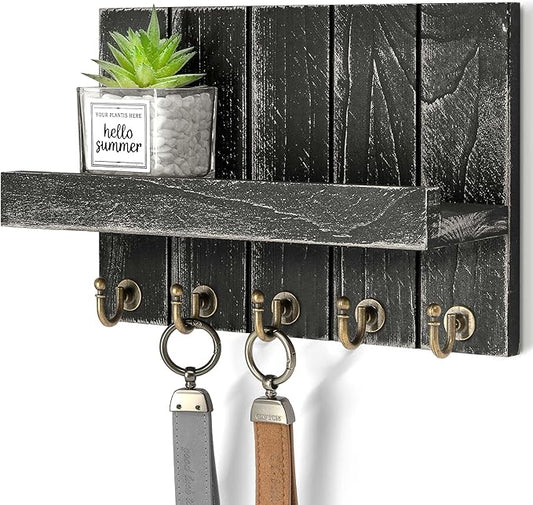 Rebee Vision Key Holder Wall Mount with Shelf for Living Room, Old Black | 3.54'' x 10'' x 7.28'', Farmhouse Key Holder for Wall, Solid Pine Wood, Sunglass Organizer, Entryway Storage, Compact Design