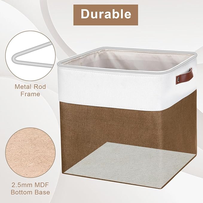 Bagnizer 13x13 Cube Storage Bins, Collapsible Fabric Storage Box, 4 Pack Closet Baskets with Handles for Organizing, Shelf, Toys, Clothes, Home, Office, Nursery (Brown&White)