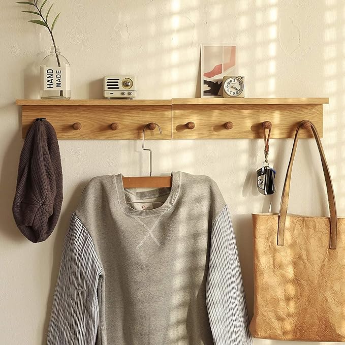 Entrance Coat Rack ，Coat Hooks, Wall-Mounted Wooden Hook Rack, Wall-Mounted Shelves(Oak Color Finish—A-2)