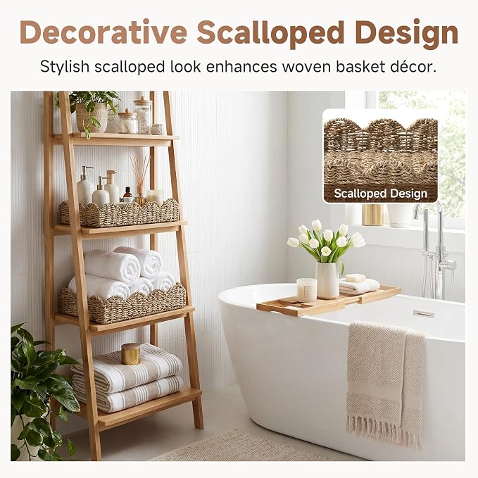 StorageWorks Wicker Scalloped Basket, Large Bathroom Baskets for Organizing | Seagrass Wicker Storage Baskets for Shelves, Handwoven Rectangle Trays for Decor, Shallow Wicker Tray for Ottoman, 2-Pack