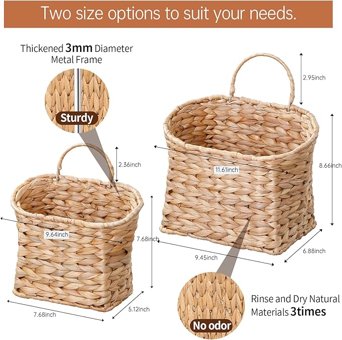Coeusy Set of 2 Hanging Basket, Wicker Wall Basket for Door,Mail,Flower,Planters, Natural Water Hyacinth Storage Basket for Garden Farmhouse Home Decor