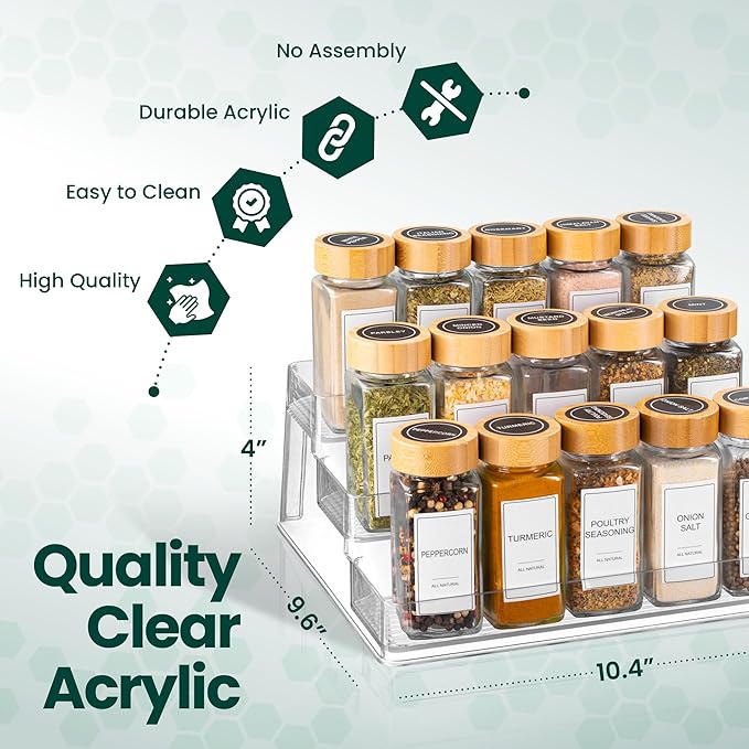 Oizeir Clear Acrylic 3-Tier Spice Rack, Cabinet Pantry Organizer | Clear Acrylic Spice Rack Organizer, 3 Tiers, Deep Shelf, for Cabinet Pantry Countertop, Seasoning Condiment Storage