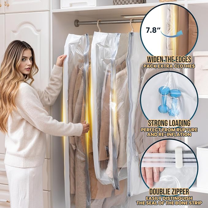 TAILI Hanging Vacuum Sealer Storage Space Saver Bags for Clothing, Suits and Jackets, Closet Organizers, Wider Sides (3 Long, 3 Short) Cream