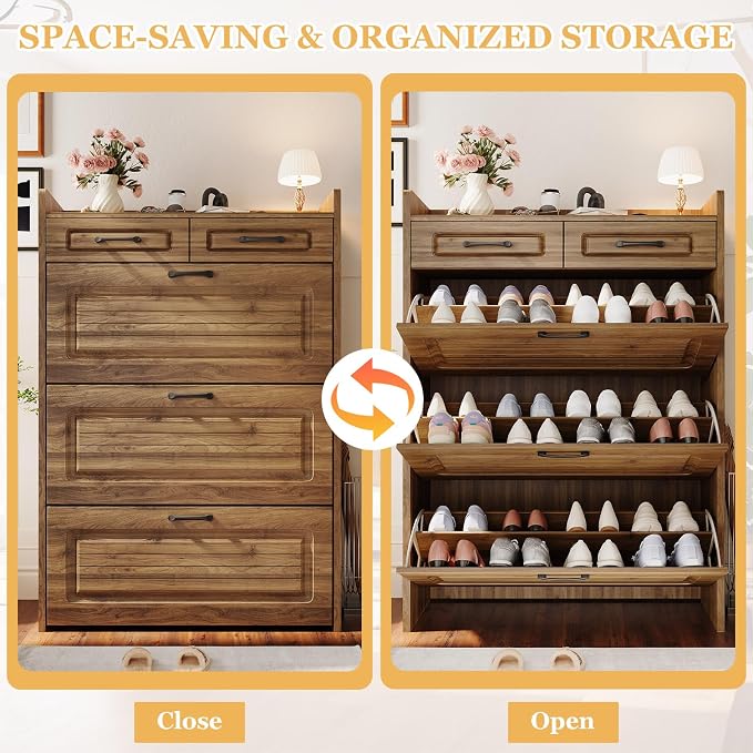 ODUWA Shoe Cabinet with 3 Flip Drawers and 2 Storage Drawers, Shoes Organizer Cabinets with Adjustable Divider, Hidden Shoe Rack Shoe Storage Cabinet for Entryway, Hallway, Walnut