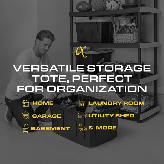 CX Heavy Duty 27-Gallon Stackable Plastic Storage Bins with Lids, 4 Pack | Storage totes for garage organization, Stackable containers, weather-resistant, snap lid, 14.3H x 20.6W x 30.6D, Black/Yellow