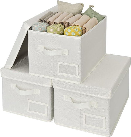 GRANNY SAYS Fabric Storage Bins with Lids, Storage Basket for Clothes, Decorative Storage Boxes, Closet Storage and Organizers, Ivory, 3-Pack