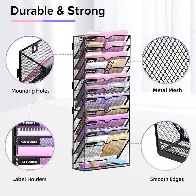 12-Tier Wall File Organizer with Base, Wall Mounted File Holder | Vertical Hanging File Organizer with Open Compartments and Label Holders for Mail, Folders and Paperwork at Home or Work