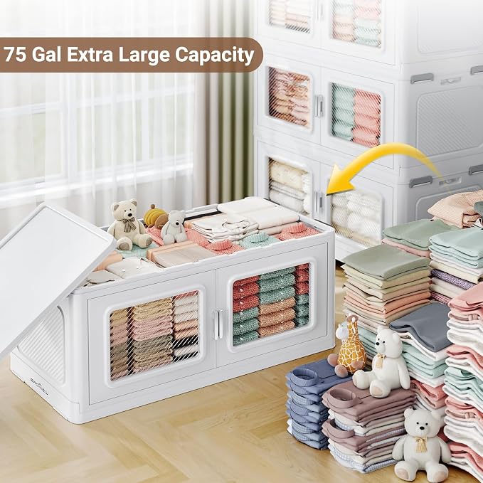 BROVIEW 75Gal Extra Large Storage Bins with Lid and Wheels, White, 1 Pack | 1 lid Plastic Cabinets Stackable Collapsible Foldable Storage Box Total 300 Quart Organizer Drawers For Home Office Garage