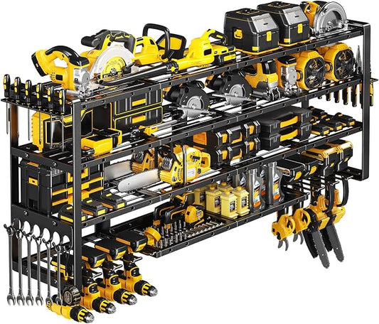 POKIPO Extra Large 64" W Power Tool Organizer Wall Mount, 1000 lbs Load Capacity, Heavy Duty 4 Tier Garage Storage Rack with 8 Drill Holders, 2 in 1 Corner or Straight Installation