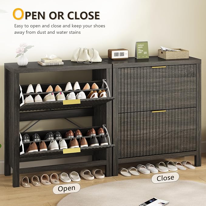 Fluted Shoe Cabinet Storage with 2 Flip Drawers for Entryway, Hallway | Narrow Shoe Rack Freestanding Shoe Organizer with Legs for Entryway，Hallway, Dark Gray