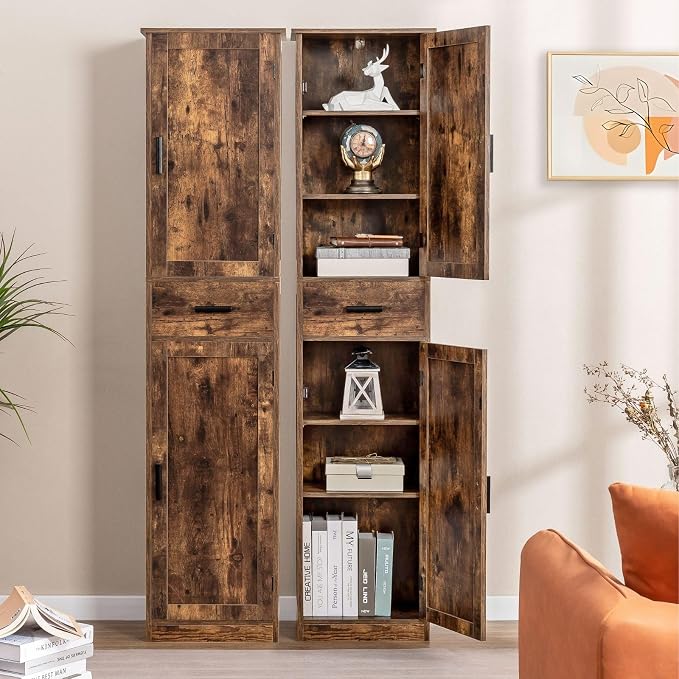 usikey 67'' Tall Storage Cabinet with Adjustable Shelves & 2 Doors, Bathroom Cabinet with 1 Drawer, Narrow Tall Cabinets for Living Room, Home Office, Rustic Brown