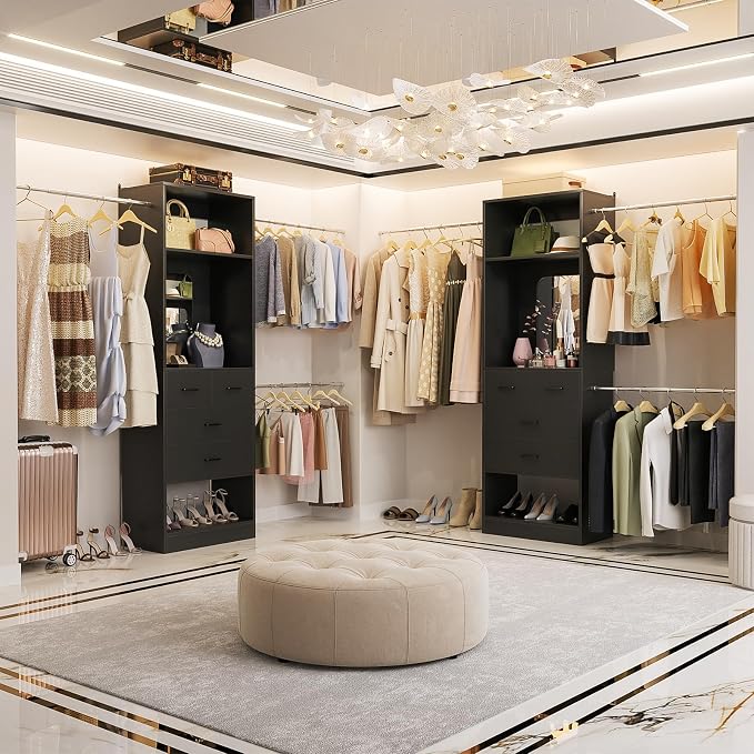 Unikito 8FT Closet System with Mirror and 3 Extendable Hanging Rods, Black | 48" - 96" Walk-in Closet Organizer with 25" Tower, 4 Wood Drawers, Customizable and Cuttable, Heavy Duty Closet Insert