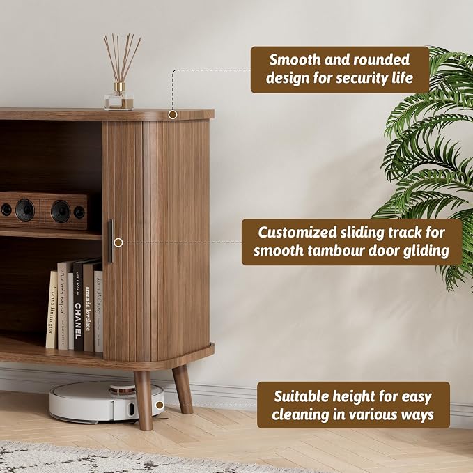 BORNOON Buffet Cabinet with Storage, Curved-Edge Fluted Storage Cabinet Sideboard, Modern Walnut Sideboard Buffet with Adjustable Shelves & Sliding Door for Dining Room, Kitchen, Entryway