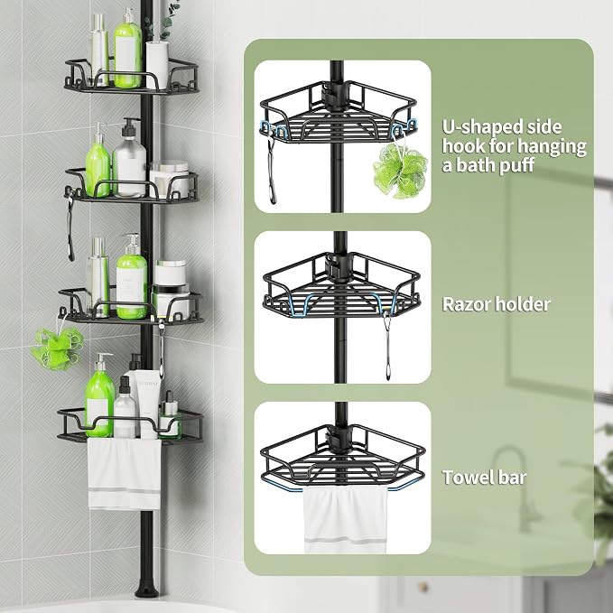 DAOYA Shower Caddy Tension Pole Shower Organizer Tension Rod with Towel Bar | Bathroom Corner Caddy for Bathtub/RV, Adjustable Floor-to-Ceiling 25-114.2", 12 Side Hooks, Black, Rustproof Stainless Steel