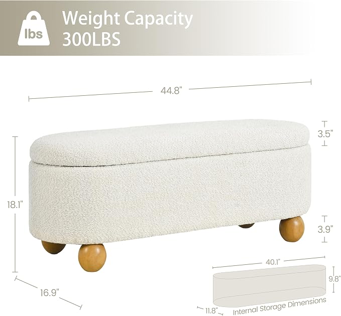 VKNOW 44.8" Storage Ottoman Bench End of Bed Bench with Hinge, Beige | Cute Spherical Solid Wood Stool Legs, Comfortable Fabric, No Assembly, Bedroom Living Room Entryway Dressing Areas