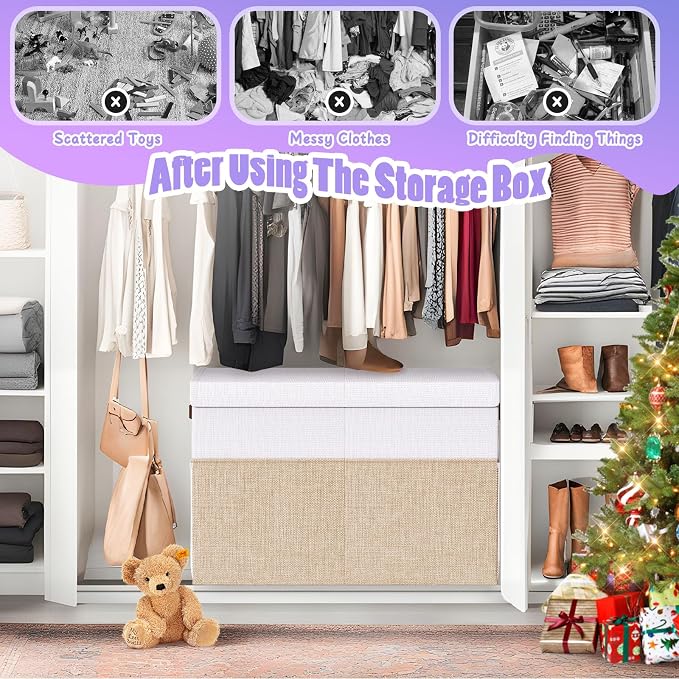 Large Toy Storage Box with Lid & Dividers, Kids Toy Chest, Beige and White | Toy Box for Boys, Girls, Nursery, Bedroom, Living Room, Playroom, 25 x 13 x 16 inches