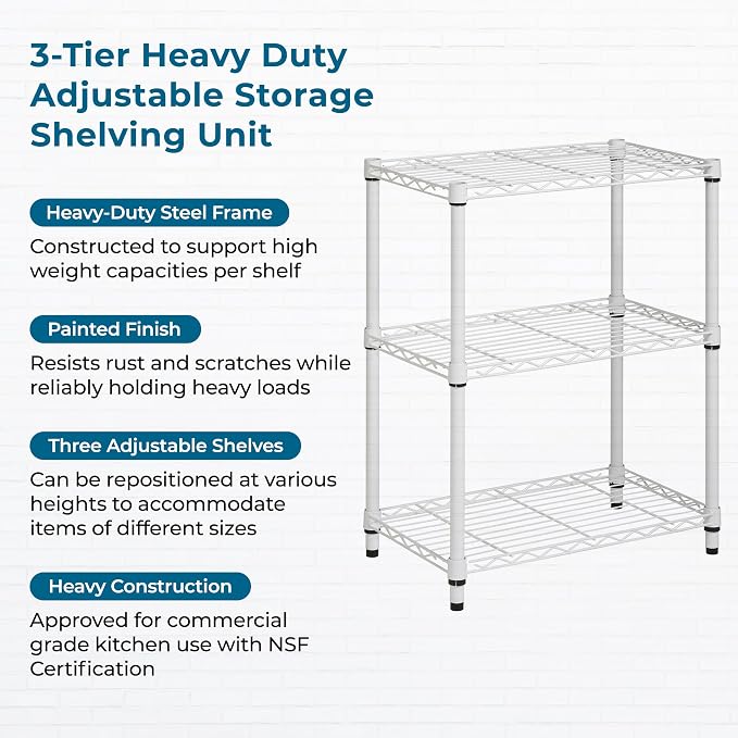 Honey-Can-Do 3-Tier White Wire Shelf, NSF, 250 lb/Shelf, 14x24x30 in | 750 lb total; NSF-certified steel; adjustable rust-resistant shelves for closet, kitchen & garage; no tools needed