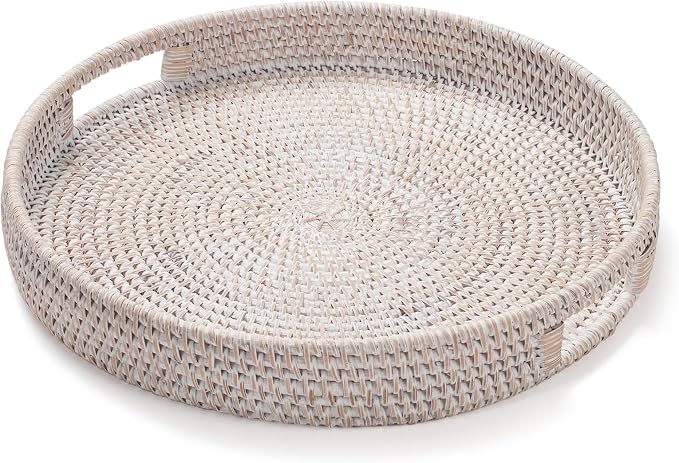 13.8 inch Round Rattan Tray, Decorative Coffee Table Tray, Ottoman Tray, Woven Serving Tray with Handles, Wicker Serving Basket, Whitewash