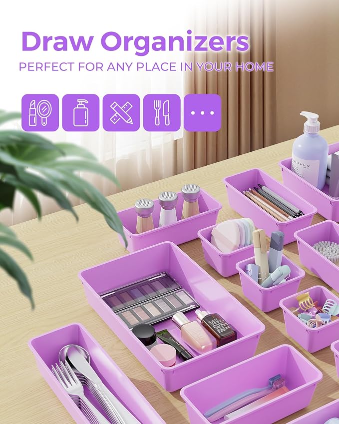 BiuLeon 25 PCS Plastic Drawer Organizers Set, 4-Sizes Vanity and Makeup Organizer, Desk and bathroom Drawer Organizer Trays, Organizers and Storage for Makeup, Jewelry, Gadgets, Utensils (Purple)