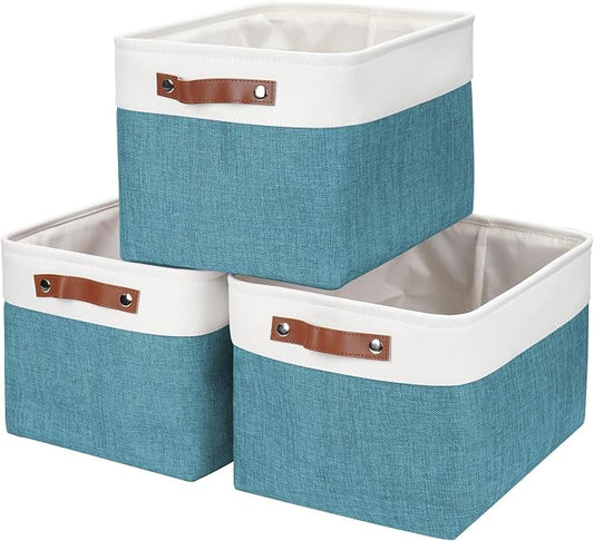Bagnizer Storage Bins Large Fabric Storage Baskets for Shelves 3 Pack, Decorative Linen Closet Baskets with Handles for Organizing, Shelf, Clothes, Home, Office, 15x11x9.5Inches (Teal&White)