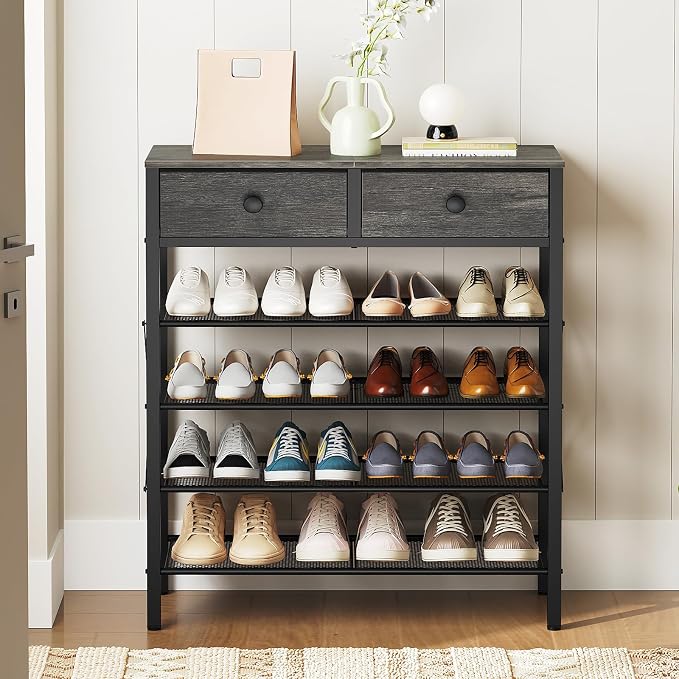 5 Tier Shoe Rack, Large Capacity Shoe Storage Organizer, Metal Shoe Shelf with Drawer and Wooden Top, for 20 Pairs of Shoes, for Entryway, Closet, Charcoal and Black SS25BCY1