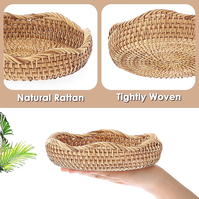 Hipiwe Round Key Basket Bowl for Entryway 7.3" Natural Rattan Fruit Bowl Woven Wicker Basket Serving Tray Rattan Organizer Decorative Baskets for Kitchen Counter Bedside Living Room
