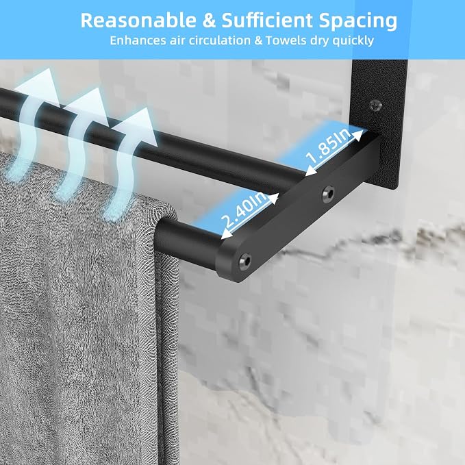 KLJKPA 24 Inch Towel Racks for Bathroom Wall-Mount, 3-Tier, Black | Towel Shelf with Double Towel Bar, Towel Holder, Towel Storage for Bathroom Lavatory, Stainless Steel, Space Saving