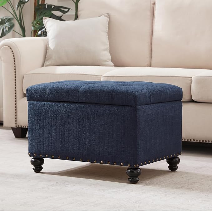 Zihanhome Small Ottoman with Storage, Upholstered Button Tufted Bench, 24" Rectangle Storage Ottoman Foot Rest, Foot Stools, for Living Room, Bedroom, Corners, Dorms and Apartments (Dark Blue)