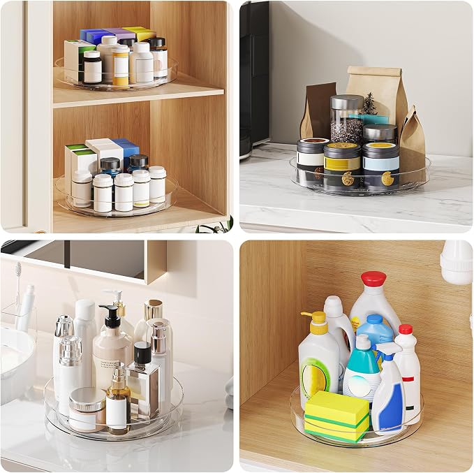 4 Pack 10 Inch Clear Lazy Susan Turntable Organizer for Cabinet, Non-Slip Acrylic Rotating Tray with Raised Edge, Spinning Spice Rack for Kitchen Pantry, Refrigerator, Vanity, Bathroom