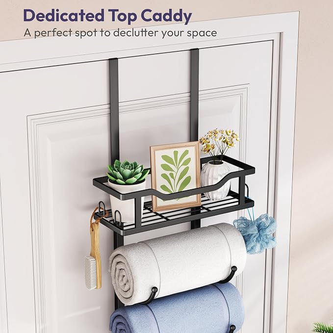 SWTYMIKI Over the Door Towel Rack - 9 Tier Towel Racks for Bathroom Wall Mounted, Towel Holder with Shelf, Hanging Rolled Towel Storage Organizer for Small Bathroom, Camper, RV, Black