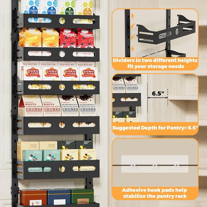 8-Tier Pantry Door Organizer, 2 IN 1 Wall Mount or Over The Door Pantry Organizer, Door Spice Rack with Adjustable Baskets, Over Door Organizer for Kitchen (12.4"W x 5.5"D x 66.1"H,1 Pack, Black)