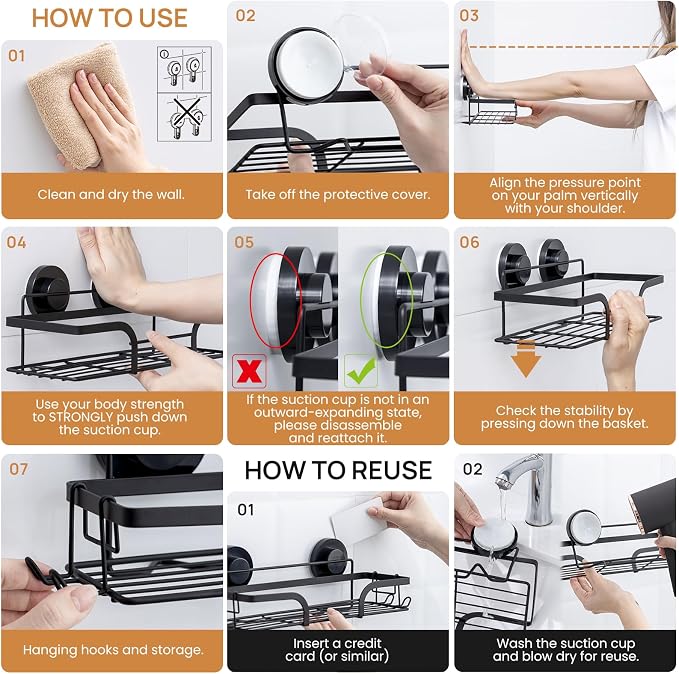 LEVERLOC 2 Pack Shower Caddy Suction Cup, Shower Shelves for Inside | Rustproof Bathroom Storage, NO Drill Bathroom Organizer, Heavy Duty Storage Basket, Black Shower Caddies, Metal Shower Shelf