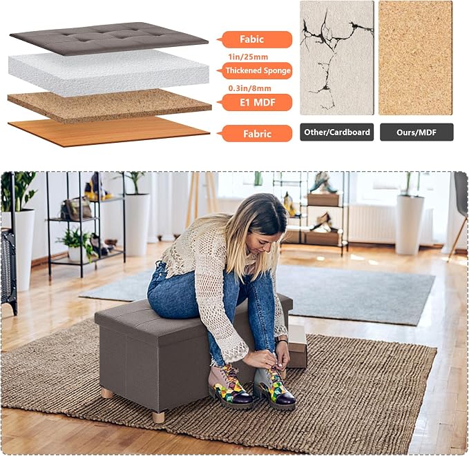 BRIAN & DANY Folding Storage Ottoman Bench, Ottoman with Storage Bench for Bedroom, Living Room, Entryway, Foot Rest with Legs, 15"x30"x15" (Brown)