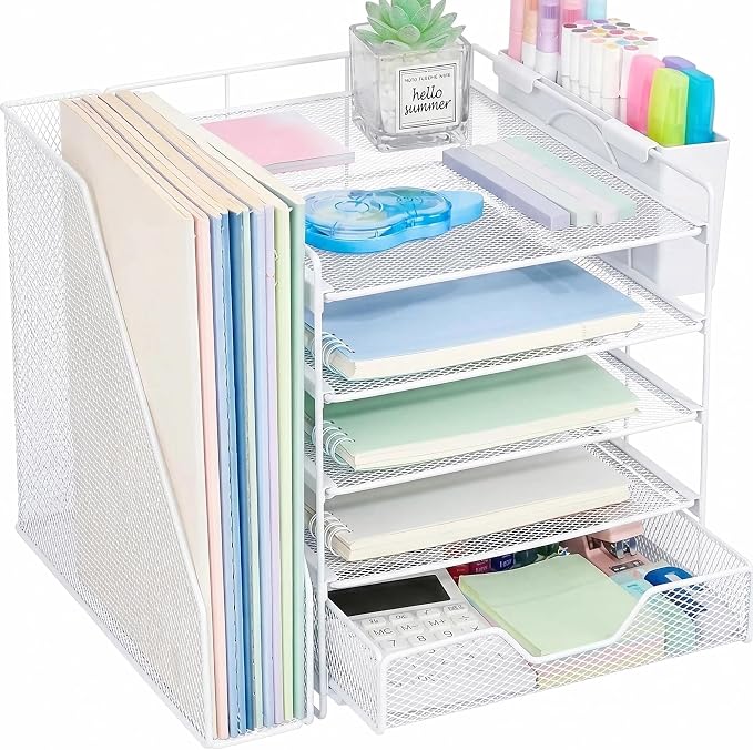 Desk Organizers and Accessories, 5-Tier Paper Letter Tray Organizer with File Holder, Drawer & Pen Holder, Office Desk Accessories, Desktop Organizer for Classroom Office Supplies, White