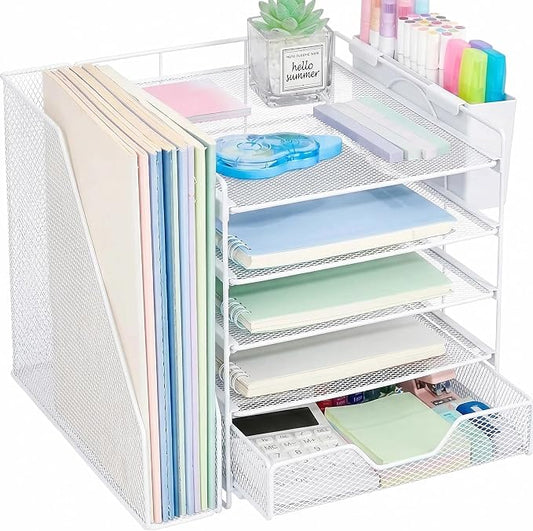 Desk Organizers and Accessories, 5-Tier Paper Letter Tray Organizer with File Holder, Drawer & Pen Holder, Office Desk Accessories, Desktop Organizer for Classroom Office Supplies, White