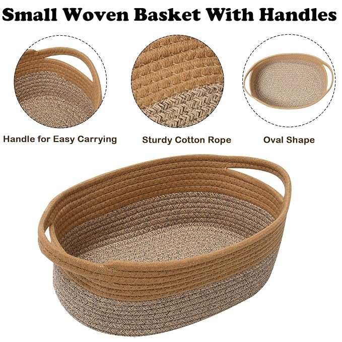 Woven Rope Basket - Baby Gift Basket with Bag & Ribbon, Jute&Brown | Cotton rope with handle, 12 x 8 x 5 in, gift bag and ribbon, for baby shower, birthday, toy storage, nursery, shelf decor