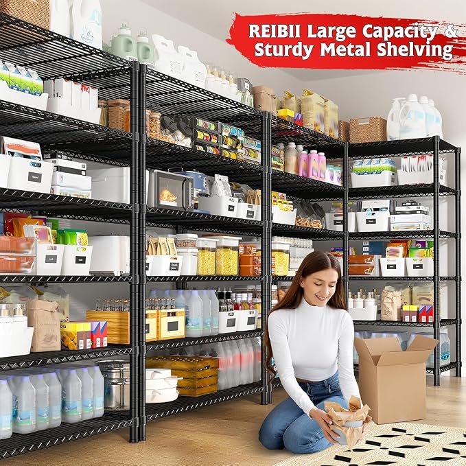 REIBII 75''H 6 Tier Wire Shelving,1800LBS Storage Shelves,Kitchen,Pantry | 19.1mm diameter rods, 300 lbs/shelf, adjustable shelf height with leveling feet, tool-free setup, fits garage/basement