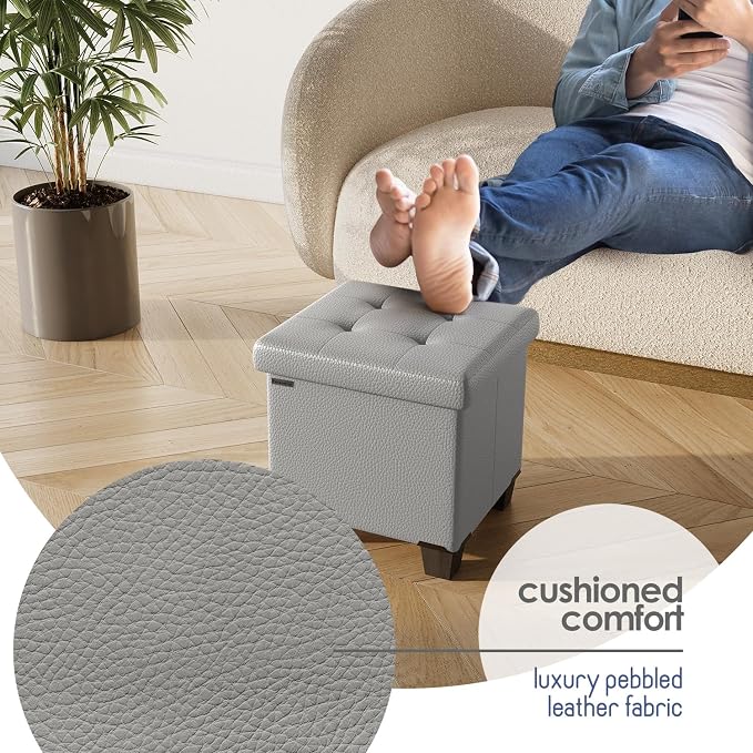 Storage Ottoman Cube with Small Bin, 15-in Square Ottoman with Storage for Living Room and Bedroom, Small Ottomans Foot Rest, Leather Foot Stools Ottomans Max 330lbs, Light Grey