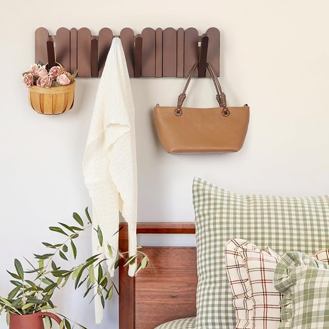 Wall Coat Rack for Entryway: Folding Wood Modern Heavy Duty 8 Hooks | 21.6'' Wall Mounted for Mid Century Home Decor Bathroom Bedroom Hallway for Hanging Towel Jacket Backpack Bag