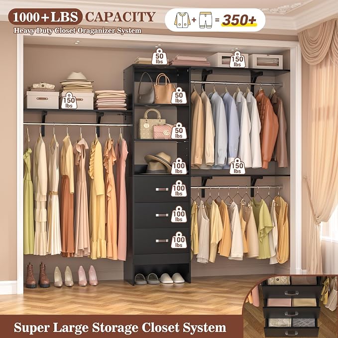 96" Wood Closet System with 3 Enclosed Drawers & 3 Solid Shelves, 8FT Adjustable Closet Organizers and Storage, Heavy Duty Modular Wardrobe for Reach-In & Walk-In, 1000 LBS Load, Black
