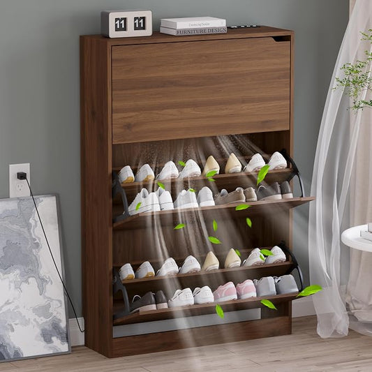 BORNOON Shoe Cabinet with Odor Control and Back Panels, Deodorizing Slim 3-Flip Shoe Storage Cabinet for Entryway, Freestanding Hidden Shoe Rack Organizer for Entrance, Hallway, Bedroom